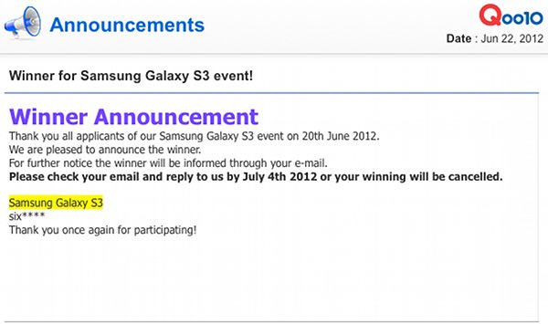 Winner Of Free Samsung S3 Announced!